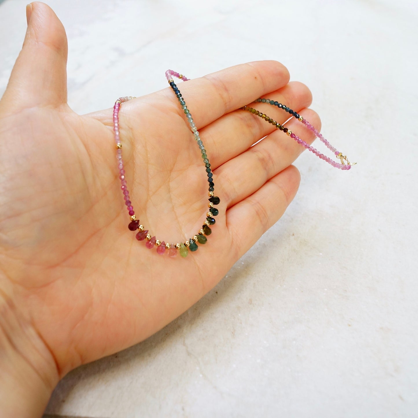 14K Solid Gold: Watermelon Tourmaline Ombre Beaded Necklace, Pink & Blue, Shaded Tourmaline, layered Necklace, Multi Color Beaded Necklace