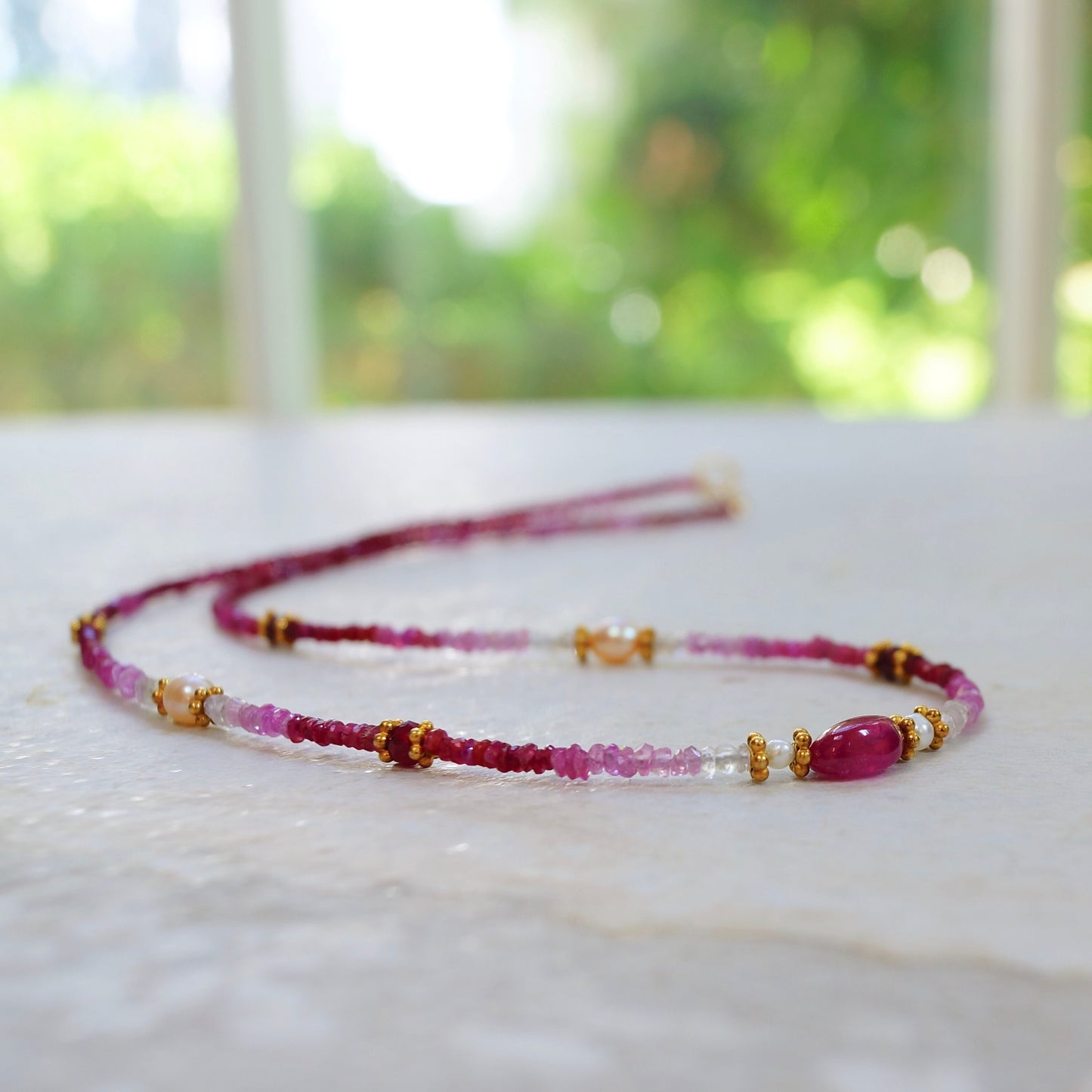 14K Solid Gold & Vermeil: Ombre Ruby Beaded Necklace, Shaded Ruby, Boho, Delicate, Layered Necklace, Fine Jewelry