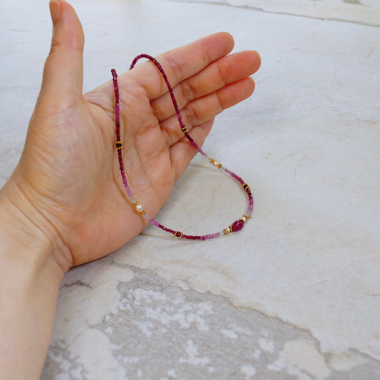 14K Solid Gold & Vermeil: Ombre Ruby Beaded Necklace, Shaded Ruby, Boho, Delicate, Layered Necklace, Fine Jewelry