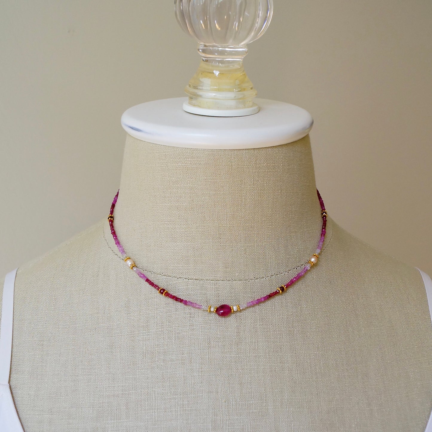 14K Solid Gold & Vermeil: Ombre Ruby Beaded Necklace, Shaded Ruby, Boho, Delicate, Layered Necklace, Fine Jewelry