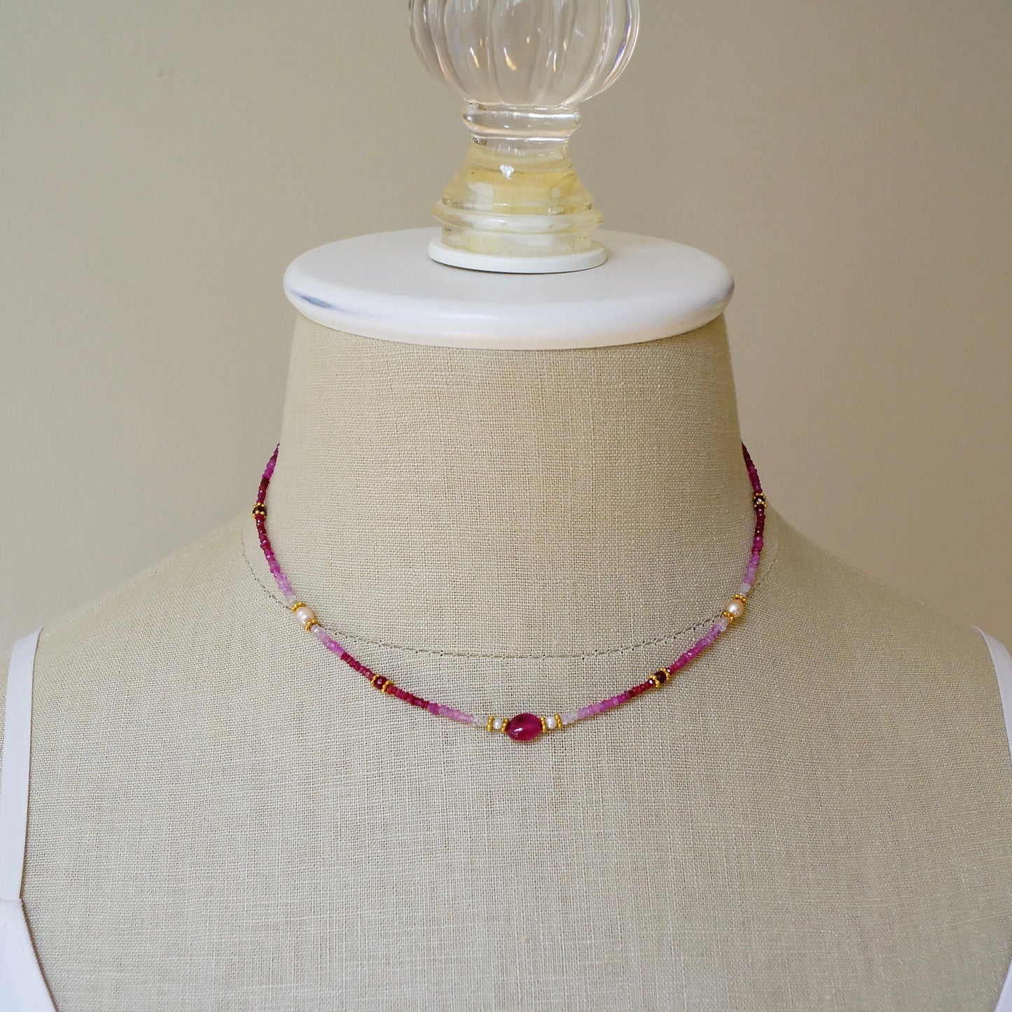 14K Solid Gold: Ombre Ruby Beaded Necklace, Shaded Ruby, Boho, Delicate, Layered Necklace, Fine Jewelry