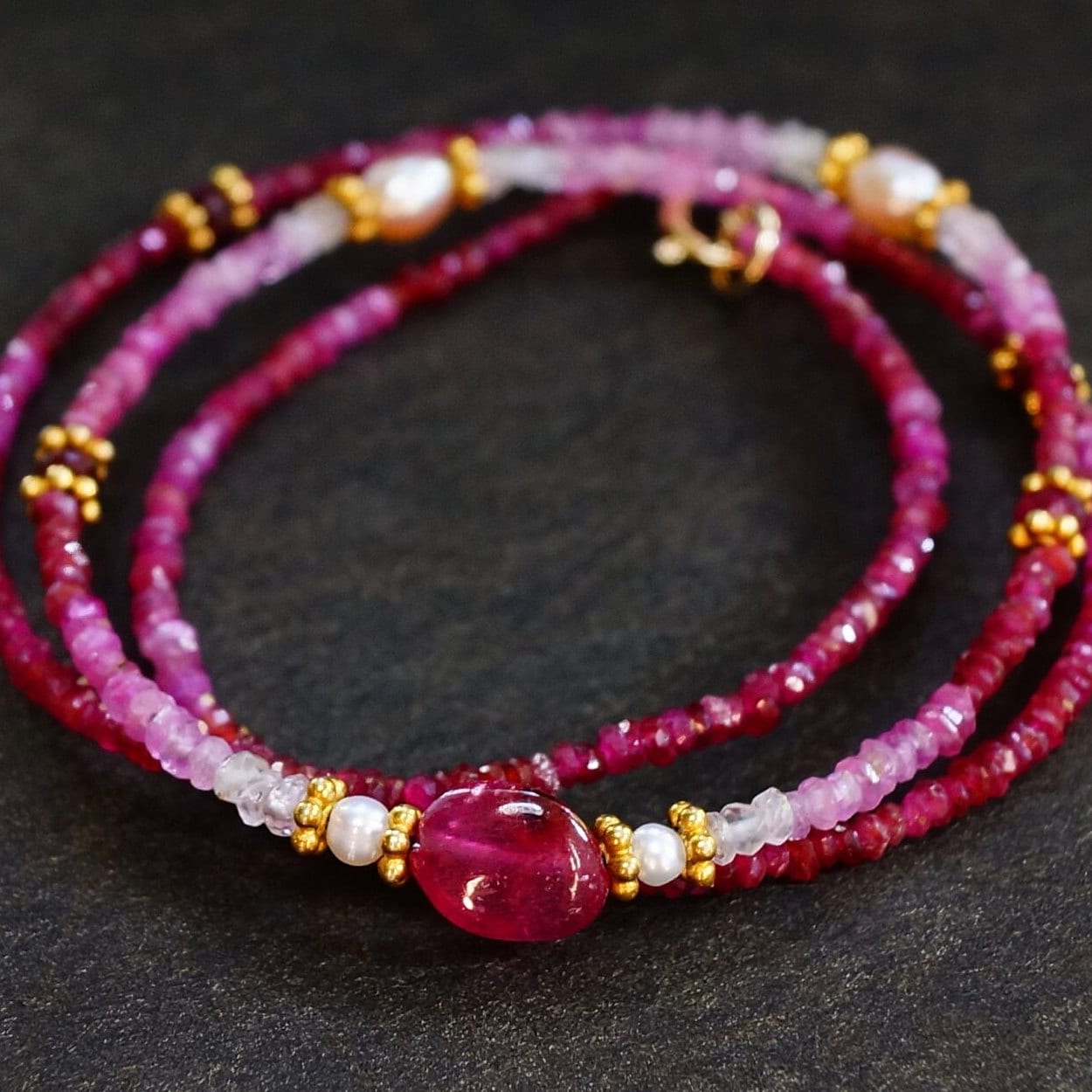 14K Solid Gold & Vermeil: Ombre Ruby Beaded Necklace, Shaded Ruby, Boho, Delicate, Layered Necklace, Fine Jewelry