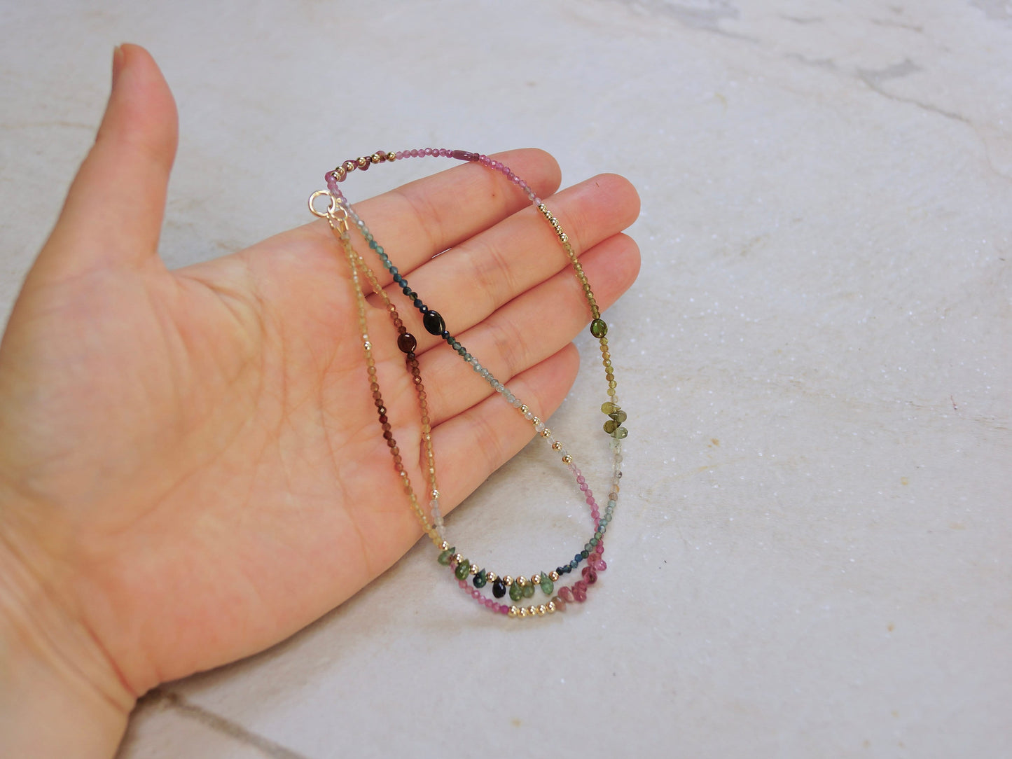 14K: Tourmaline Ombre Bead Necklace| Pink Blue Green| Rainbow Gemstone Bead Necklace| Boho| Bohemian | Multi Color