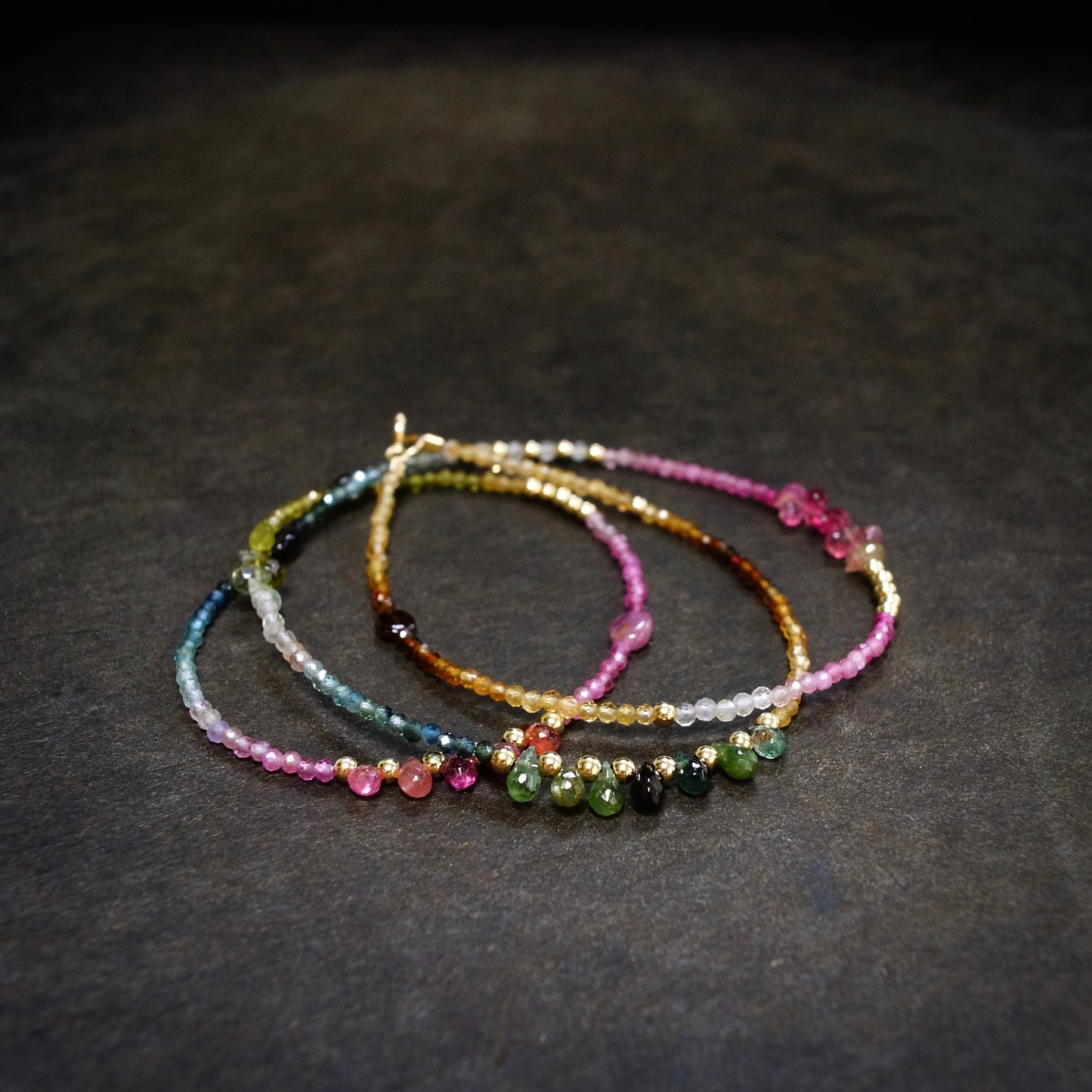 14K Solid Gold: Watermelon Tourmaline Ombre Beaded Necklace, Pink Blue Green, Shaded Tourmaline, layered Necklace, Multi Color Gemstone