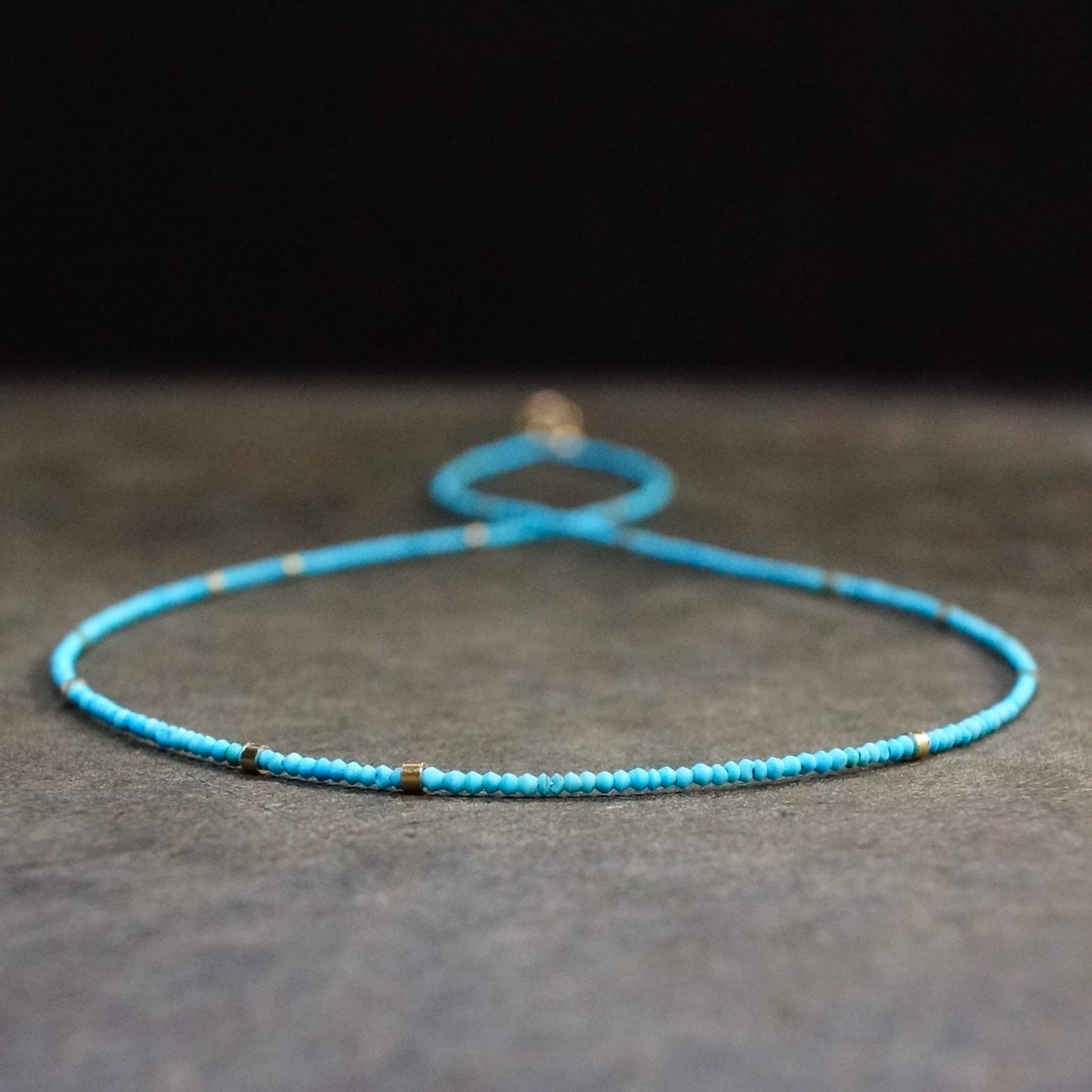 14K Solid Gold: Tiny 1.5mm Turquoise Bead Necklace, Layered Necklace, Extra Dainty Jewelry, 1.5mm, Fine Jewelry, Matt Turquoise, Gold Tubes