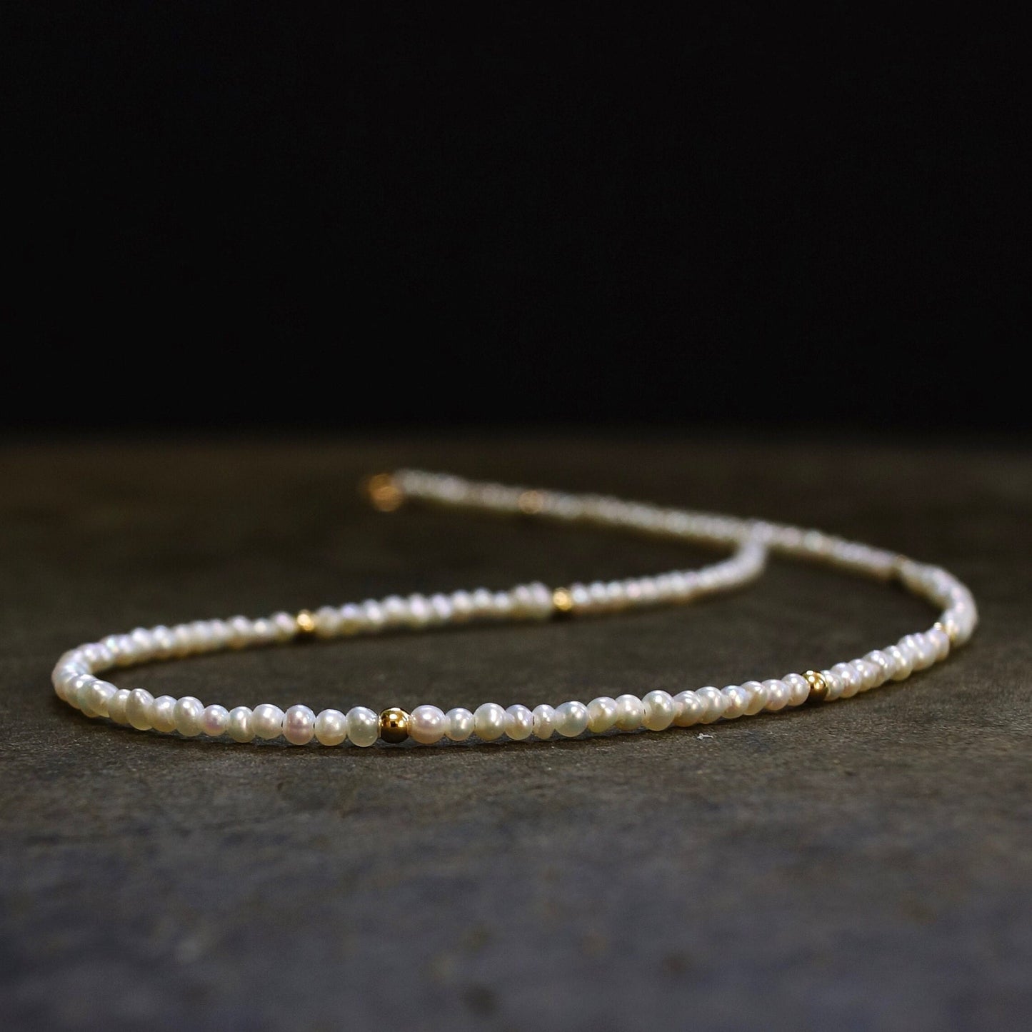 14K Solid Gold:Freshwater Pearl Beaded Necklace, Fine Jewelry, 2.5mm, Small Natural Pearl Necklace