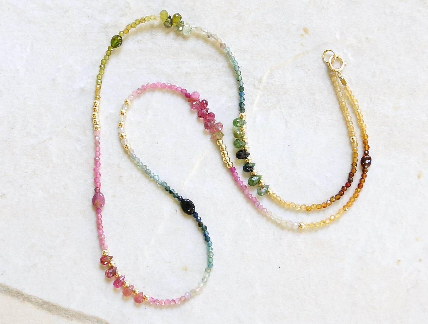 14K Solid Gold: Watermelon Tourmaline Ombre Beaded Necklace, Pink Blue Green, Shaded Tourmaline, layered Necklace, Multi Color Gemstone