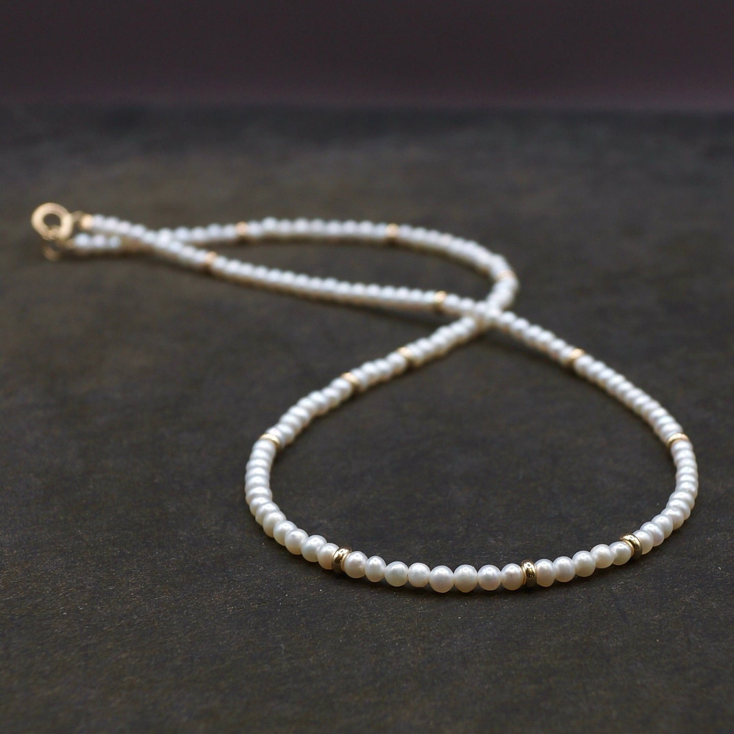 14K Solid Gold: [A] Natural Pearl Bead Necklace, Freshwater Pearls Thin Choker, High Luster, 2.5mm, 3mm, Fine Jewelry, Layering Necklace,