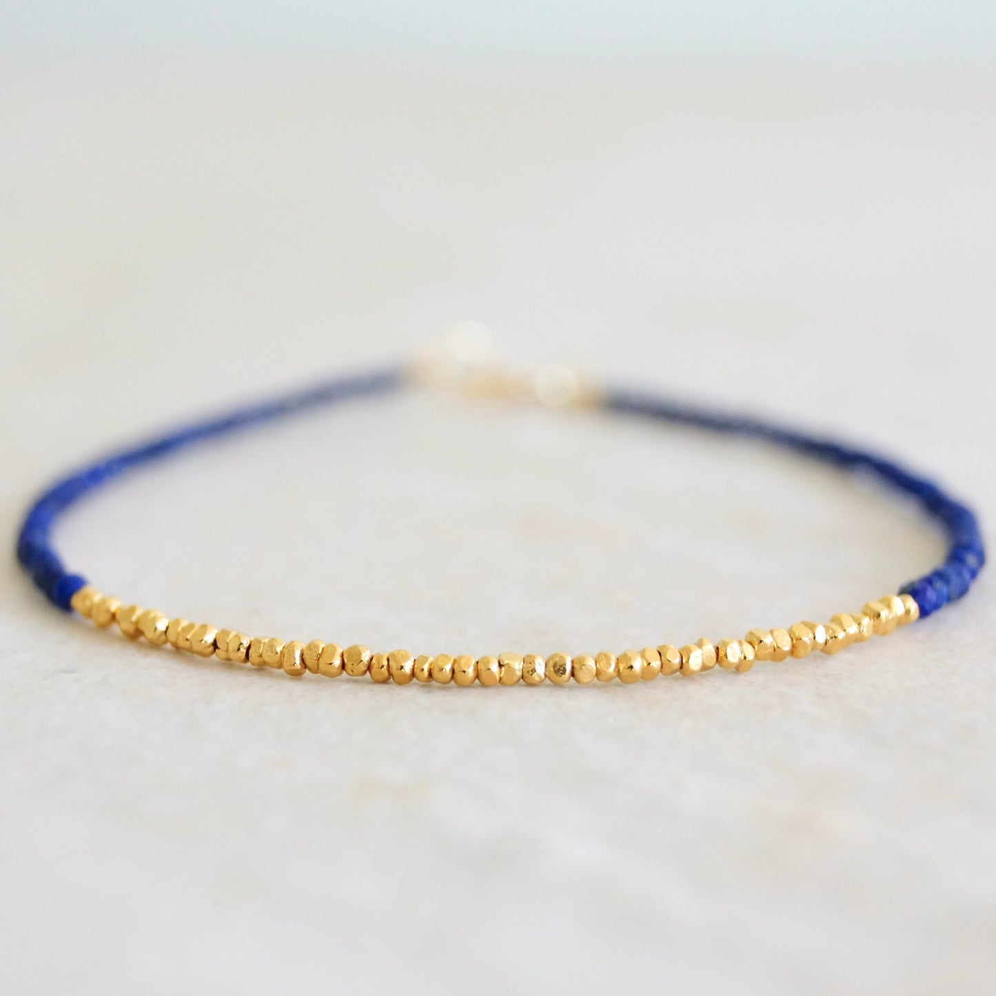 14K Solid Gold & Vermeil: Lapis Lazuli Beaded Bracelet | 2mm | Vermeil Gold Beads | Delicate | Skinny | Boho | Bohemian | Dark Blue