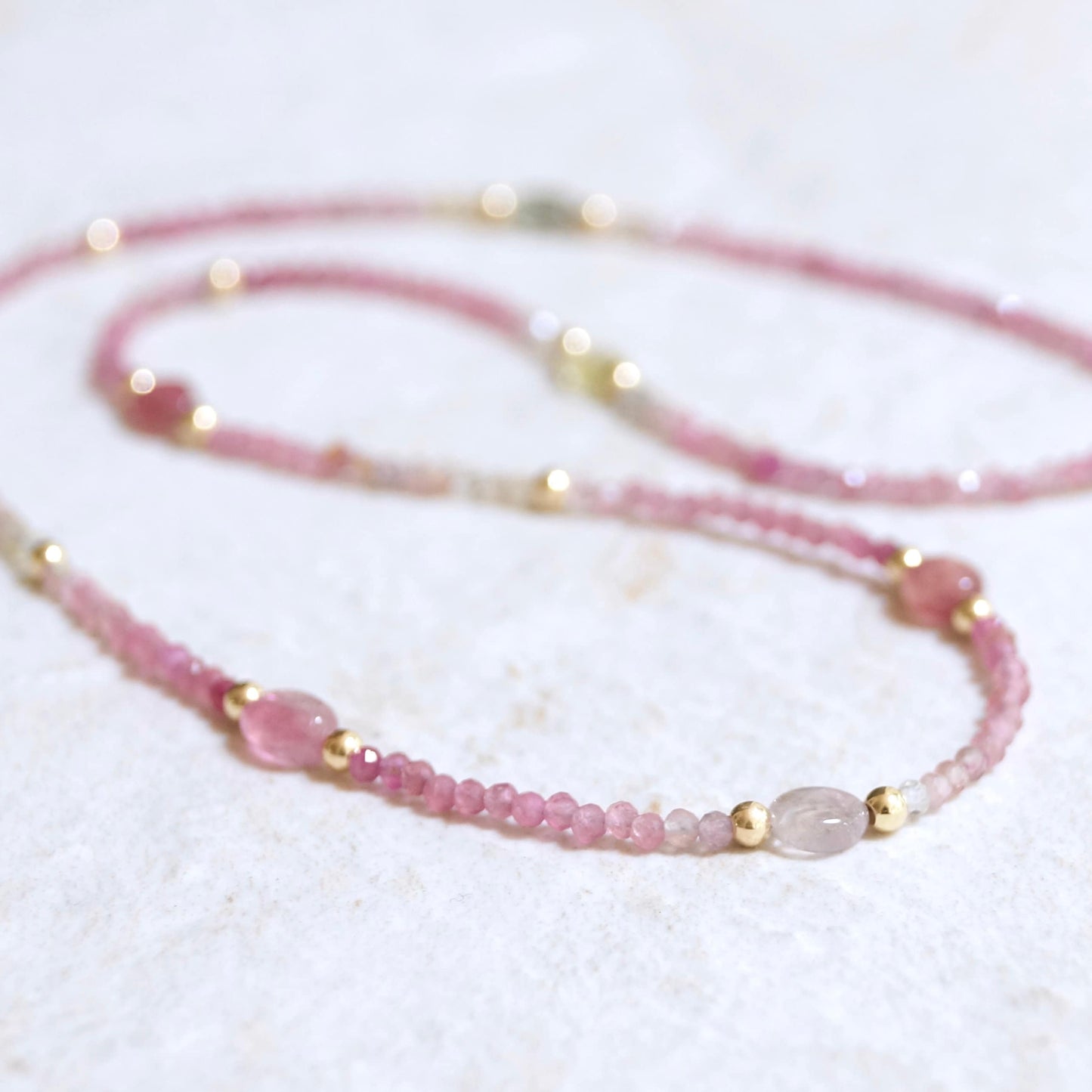 14K: Pink Tourmaline Bead Necklace| Ombre Tourmaline| Boho| Bohemian| Skinny Necklace| Dainty Jewelry| Solid Gold