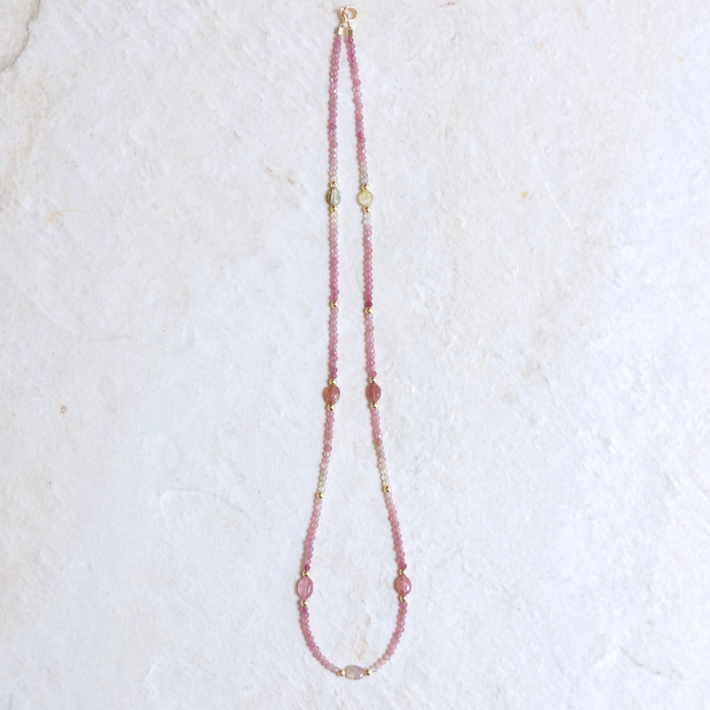 14K: Pink Tourmaline Bead Necklace| Ombre Tourmaline| Boho| Bohemian| Skinny Necklace| Dainty Jewelry| Solid Gold