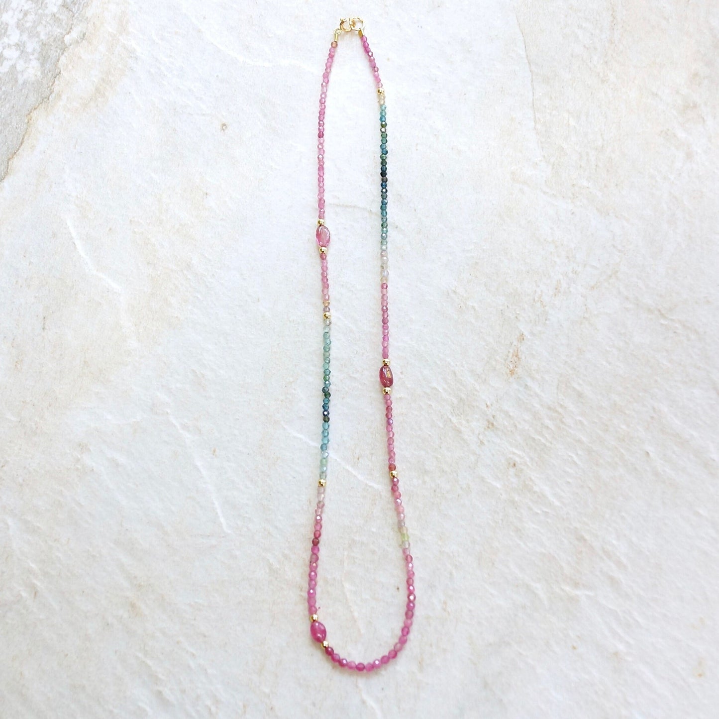 14K:Watermelon Tourmaline Bead Necklace| 2.5mm| Pink Blue Green| Solid Gold| For Her| Spiritual Jewelry