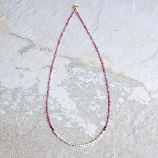 14K Solid Gold: Pink Tourmaline Beaded Necklace, Freshwater Pearl, October Birthstone, Skinny Gemstone Necklace, Layering Choker, Fine