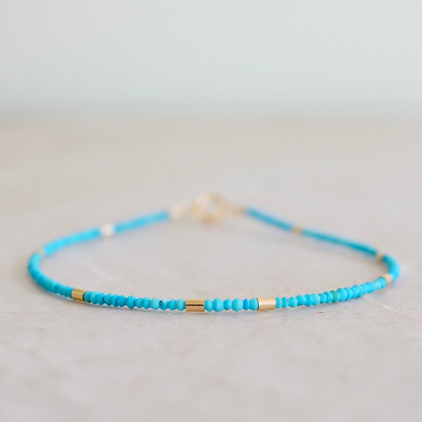 14K Solid Gold: Turquoise Tiny Seed Beaded Bracelet, Gold Tube Beads, Dainty Layering Bracelet, Blue Gemstone, Fine Jewelry, Boho