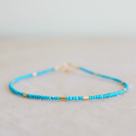 14K Solid Gold: Turquoise Tiny Seed Beaded Bracelet, Gold Tube Beads, Dainty Layering Bracelet, Blue Gemstone, Fine Jewelry, Boho