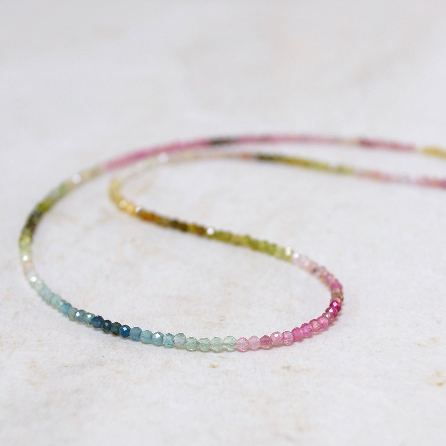 14K Solid Gold: Tourmaline Bead Necklace| 2.5mm| October Birthstone| Multi Color| Ombre| Gradient| Skinny Gemstone Necklace| Dainty Jewelry