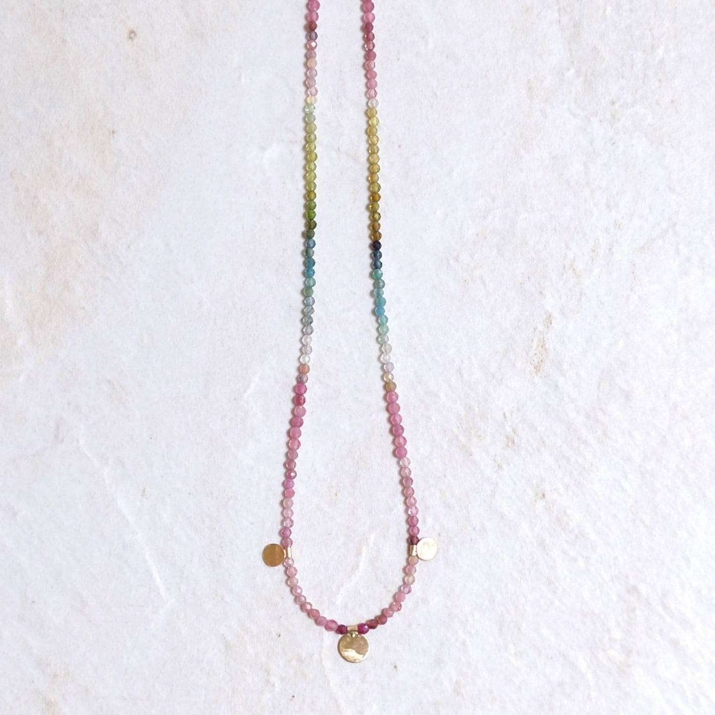 14K: Ombre Tourmaline Bead Necklace| Multi Color| Pink Tourmaline| Fine Jewelry| Gold Disc| Solid Gold Jewelry| Boho| Bohemian