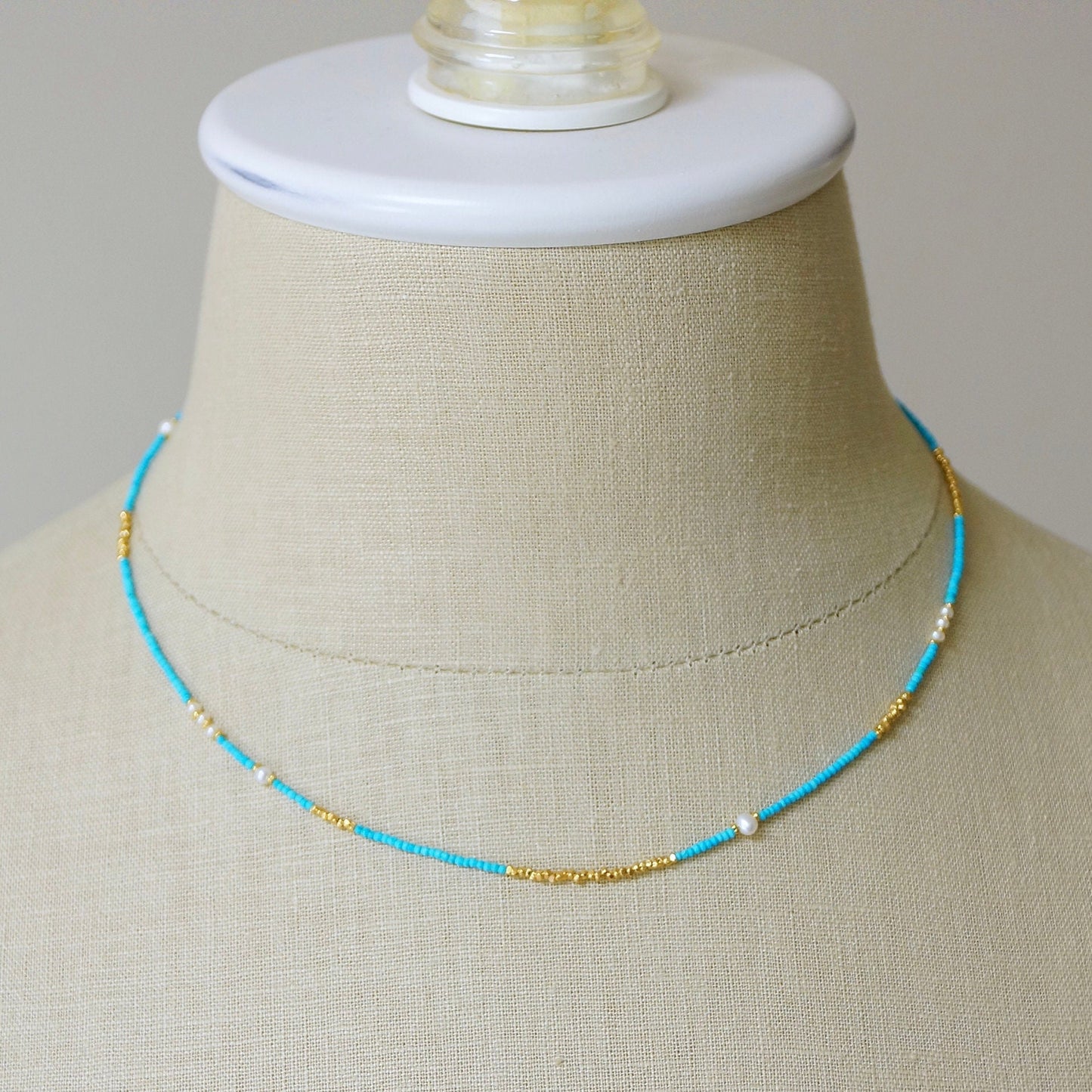 14K Solid Gold and Vermeil: Turquoise Beaded Necklace, Vermeil Gold Beads, 1.5mm Skinny Layering Necklace, Choker, Delicate Fine Jewelry