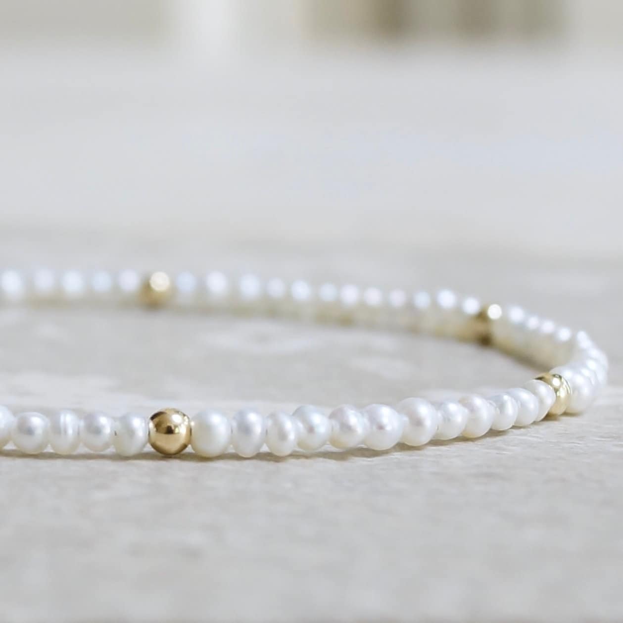 14K Solid Gold: Natural Pearl 2mm | Beaded Bracelet | Extra Small | Tiny Seed | Cultured | High Luster | AAA | Skinny Bracelet |Fine Jewelry