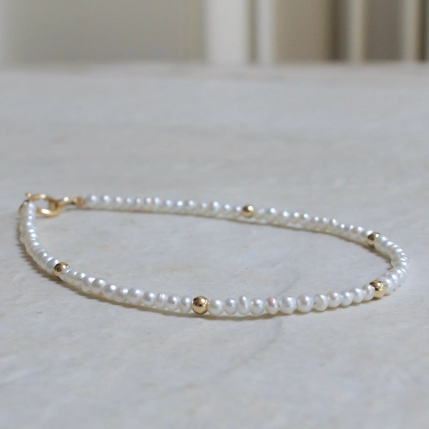 14K Solid Gold: Natural Pearl 2mm | Beaded Bracelet | Extra Small | Tiny Seed | Cultured | High Luster | AAA | Skinny Bracelet |Fine Jewelry