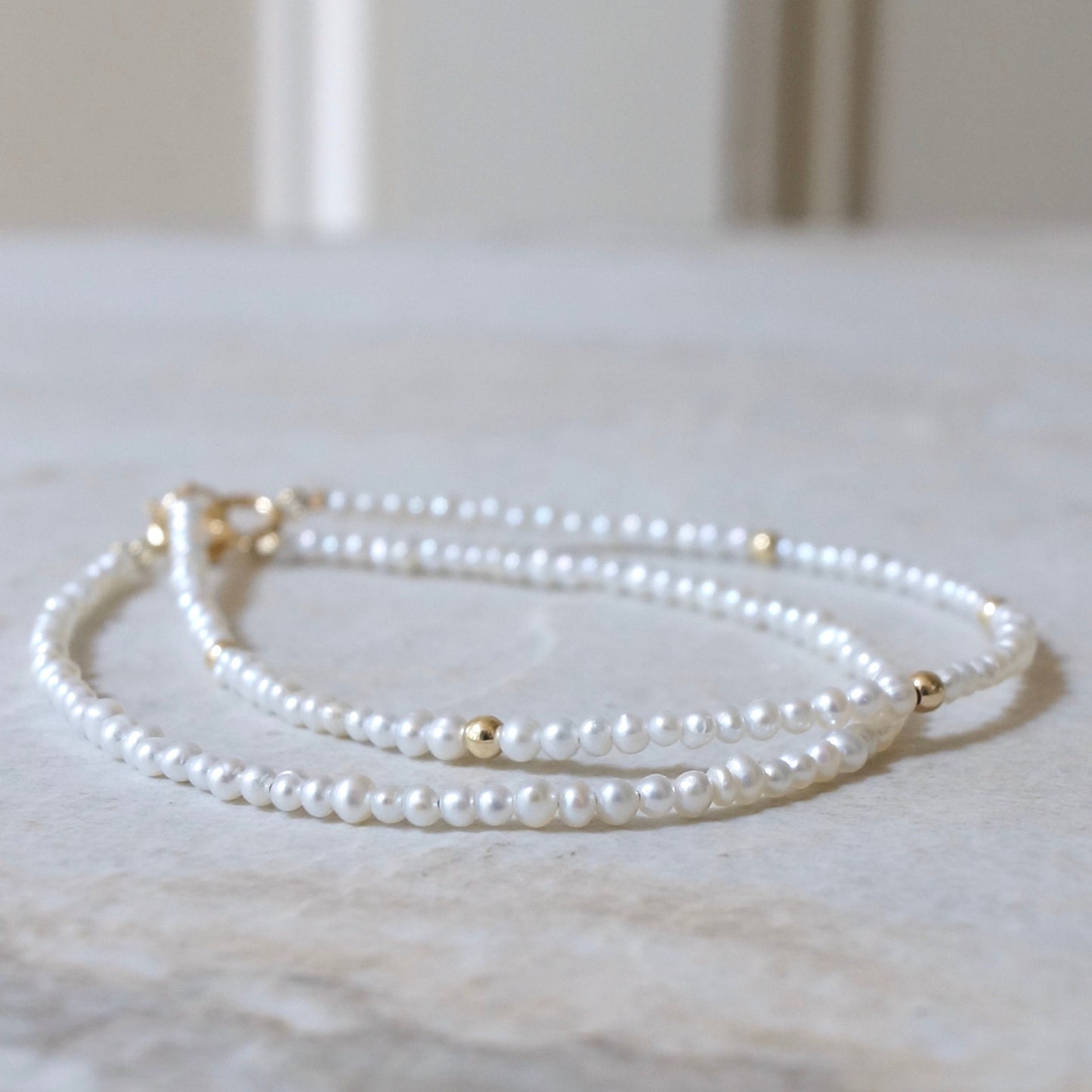 14K Solid Gold: Freshwater Pearl Beaded Bracelet with Gold Beads