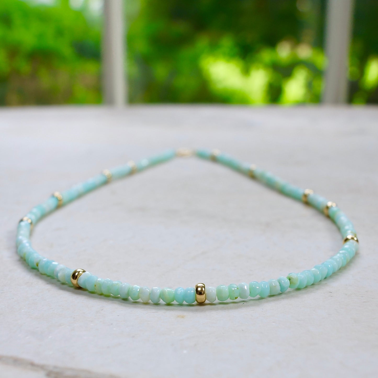 14K Solid Gold: Blue Opal Necklace | Beaded | Peruvian Opal | Layered Necklace | Fine Jewelry | Light Blue