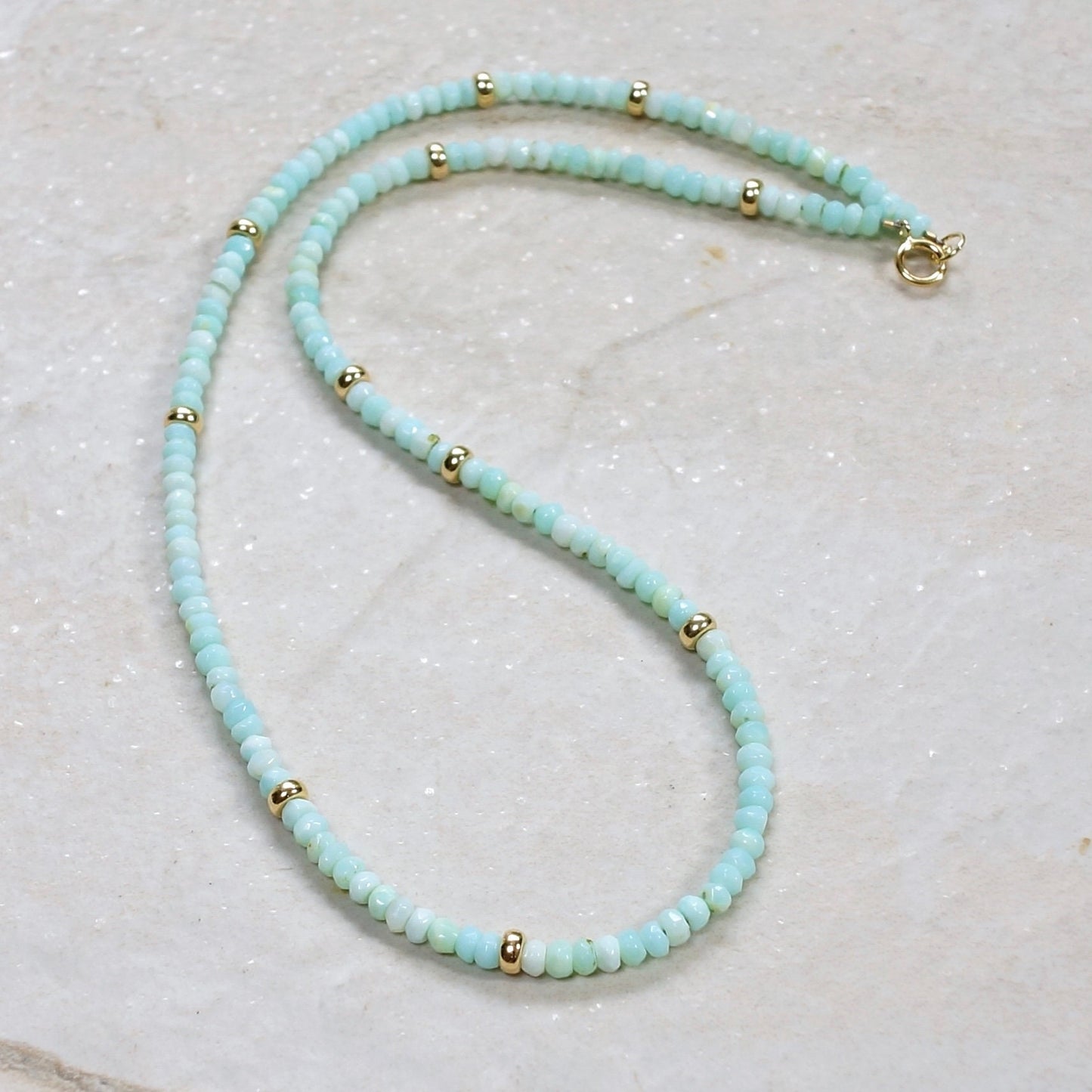 14K Solid Gold: Blue Opal Necklace | Beaded | Peruvian Opal | Layered Necklace | Fine Jewelry | Light Blue