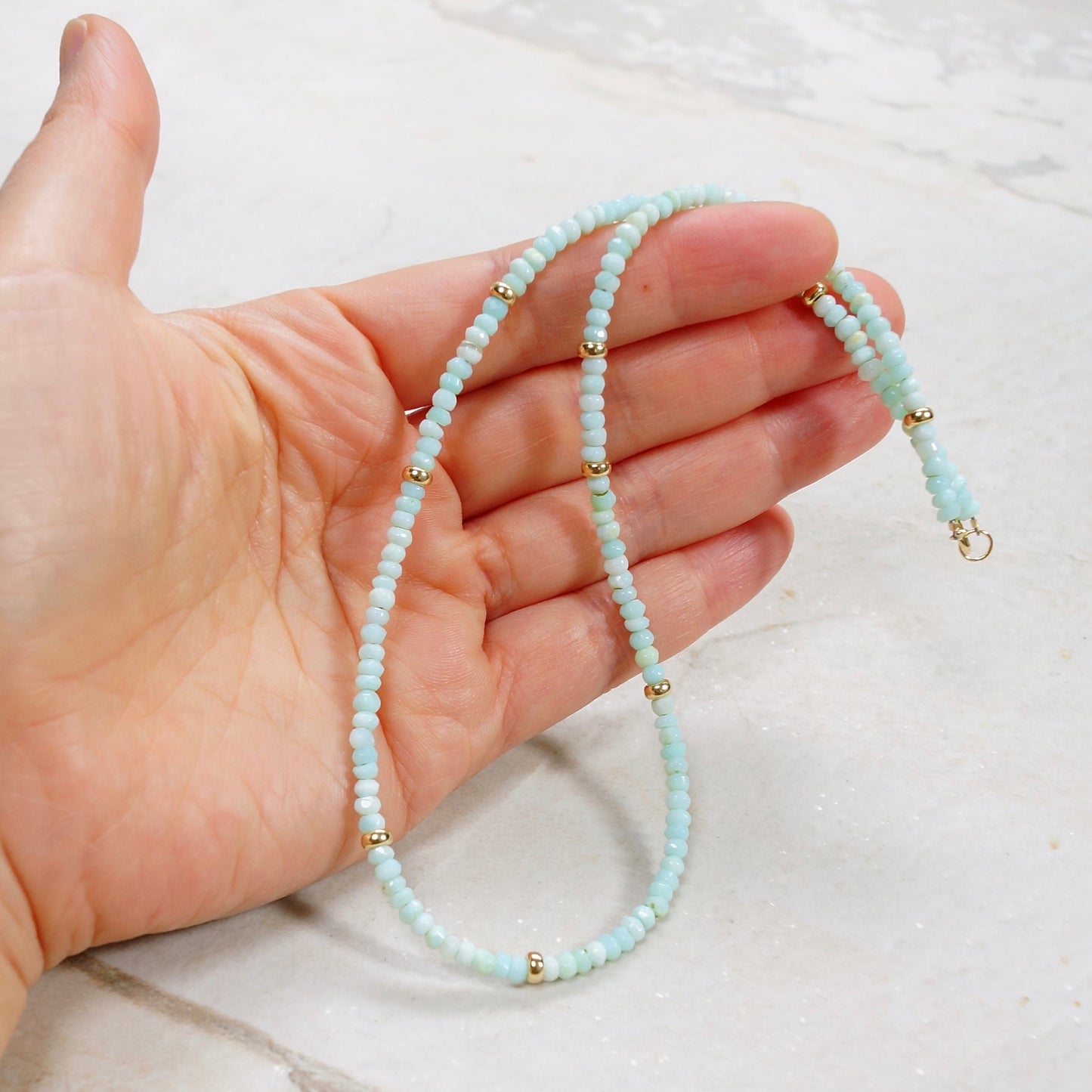 14K Solid Gold: Blue Opal Necklace | Beaded | Peruvian Opal | Layered Necklace | Fine Jewelry | Light Blue