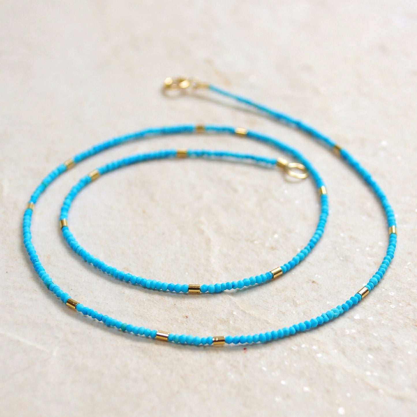 14K Solid Gold: Tiny Turquoise Beaded Necklace, Layered Necklace, Extra Dainty Jewelry, 1.5mm, Fine Jewelry, Matt Turquoise, Gold Tubes