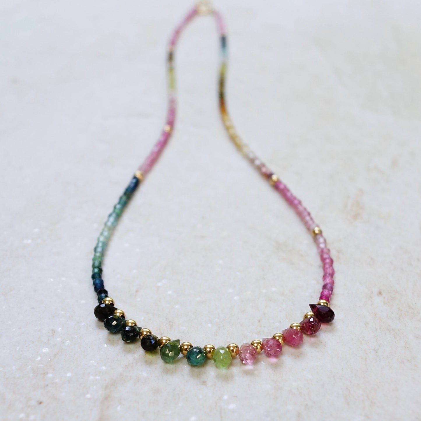 14K Solid Gold: Watermelon Tourmaline Ombre Beaded Necklace, Pink & Blue, Shaded Tourmaline, layered Necklace, Multi Color Beaded Necklace