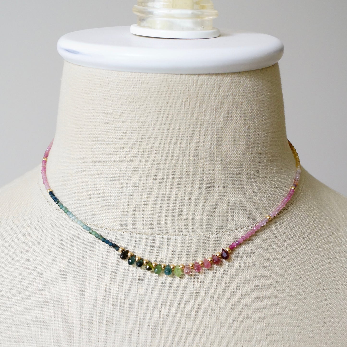 14K Solid Gold: Watermelon Tourmaline Ombre Beaded Necklace, Pink & Blue, Shaded Tourmaline, layered Necklace, Multi Color Beaded Necklace