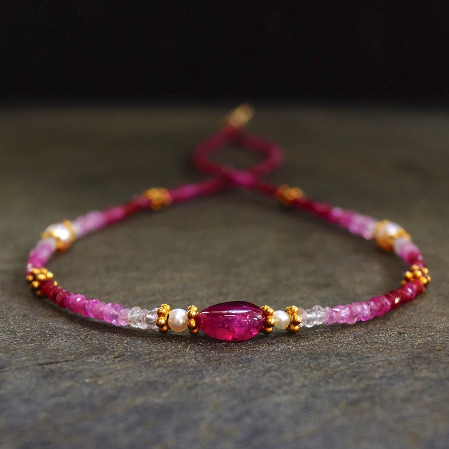 14K Solid Gold & Vermeil: Ombre Ruby Beaded Necklace, Shaded Ruby, Boho, Delicate, Layered Necklace, Fine Jewelry