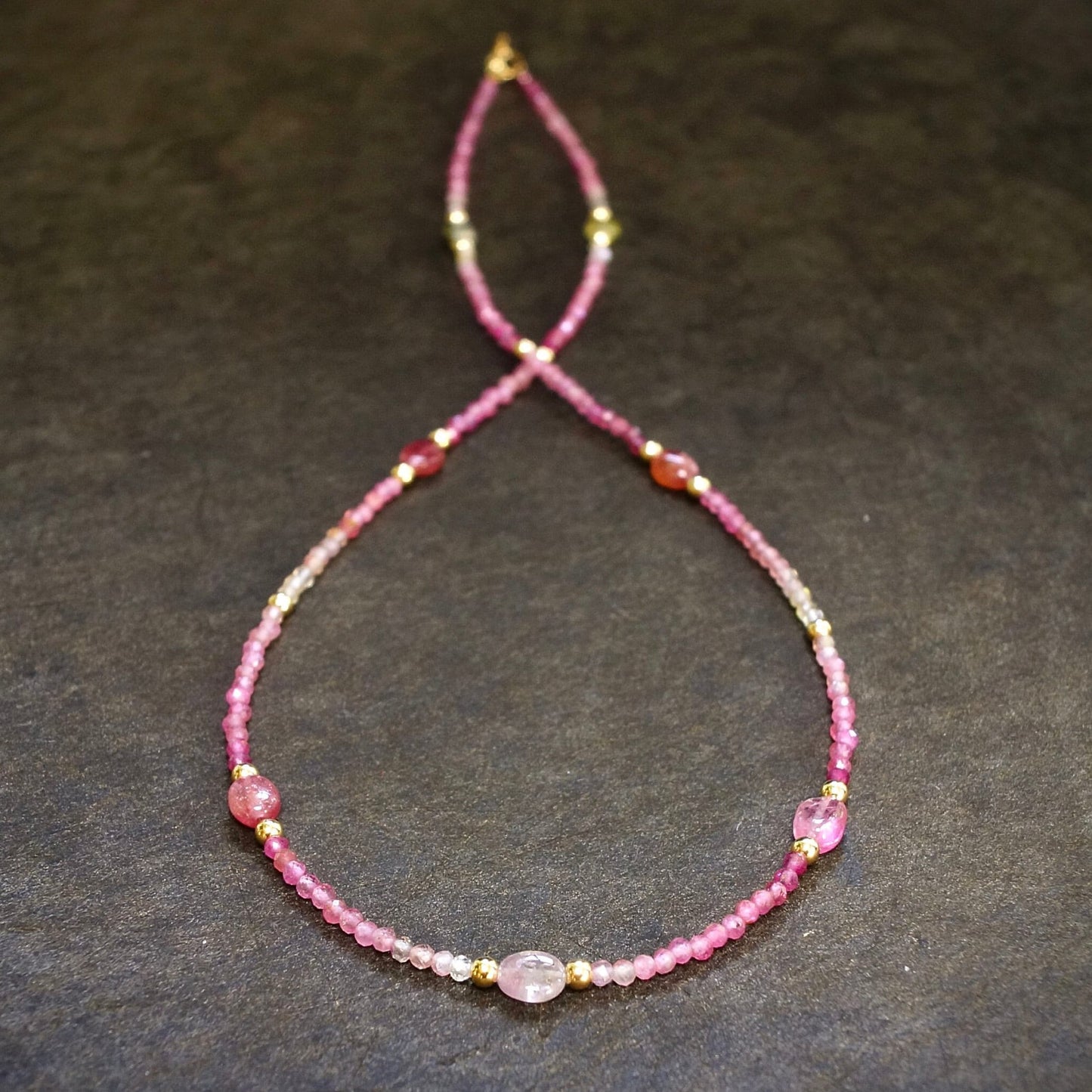 14K: Pink Tourmaline Bead Necklace| Ombre Tourmaline| Boho| Bohemian| Skinny Necklace| Dainty Jewelry| Solid Gold