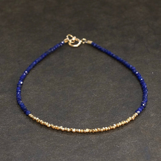 14K Solid Gold & Vermeil: Lapis Lazuli Beaded Bracelet | 2mm | Vermeil Gold Beads | Delicate | Skinny | Boho | Bohemian | Dark Blue