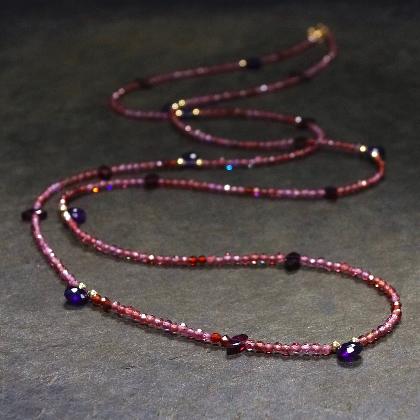 14K Solid Gold: Red Garnet Long Necklace| Amethyst| Fine Jewelry| Beaded Necklace| Delicate Jewelry