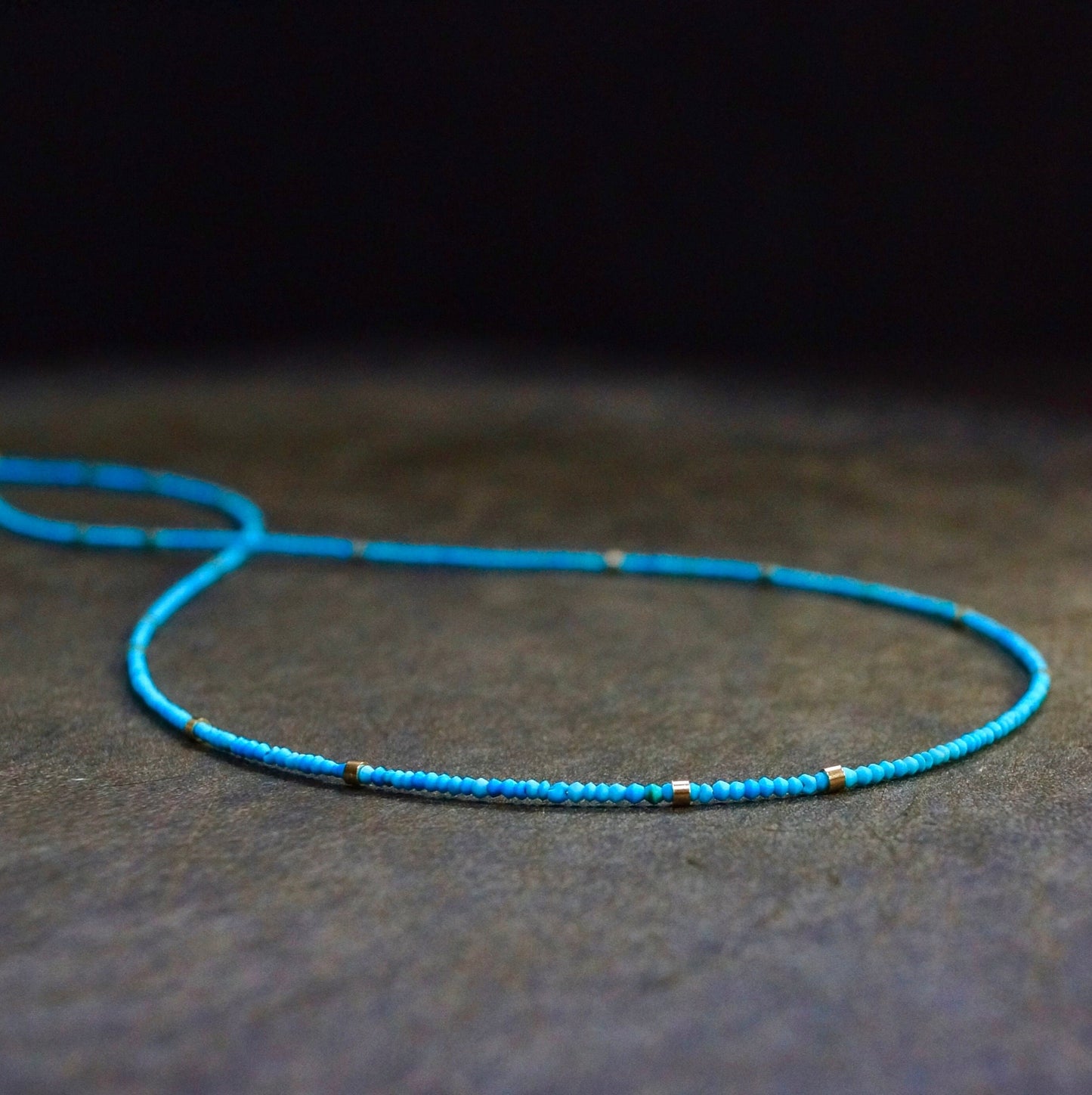 14K Solid Gold: Tiny 1.5mm Turquoise Bead Necklace, Layered Necklace, Extra Dainty Jewelry, 1.5mm, Fine Jewelry, Matt Turquoise, Gold Tubes