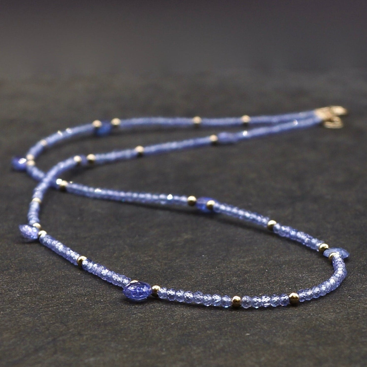 14k Solid Gold: Tanzanite Necklace, September Birthstone, Layered Necklace, Skinny Necklace, Delicate Beaded Gemstone, Fine Jewelry