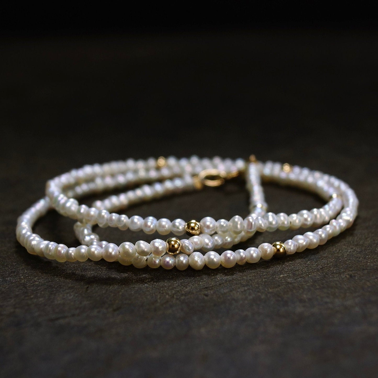 14K Solid Gold:Freshwater Pearl Beaded Necklace, Fine Jewelry, 2.5mm, Small Natural Pearl Necklace