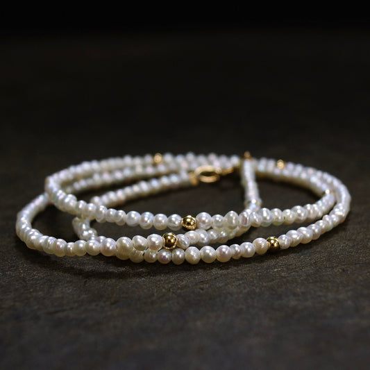 14K Solid Gold:Freshwater Pearl Beaded Necklace, Fine Jewelry, 2.5mm, Small Natural Pearl Necklace