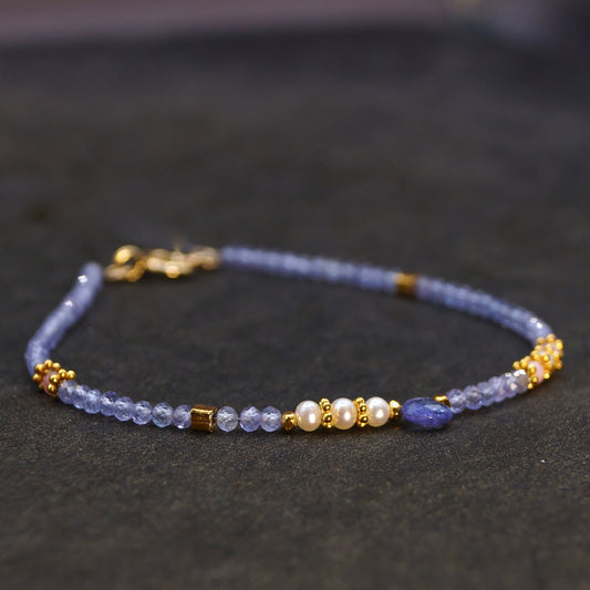 14K Solid Gold and Vermeil | Tanzanite Bead Bracelet | Delicate Skinny Bracelet | Precious Gemstone | Purple| Fine Jewelry