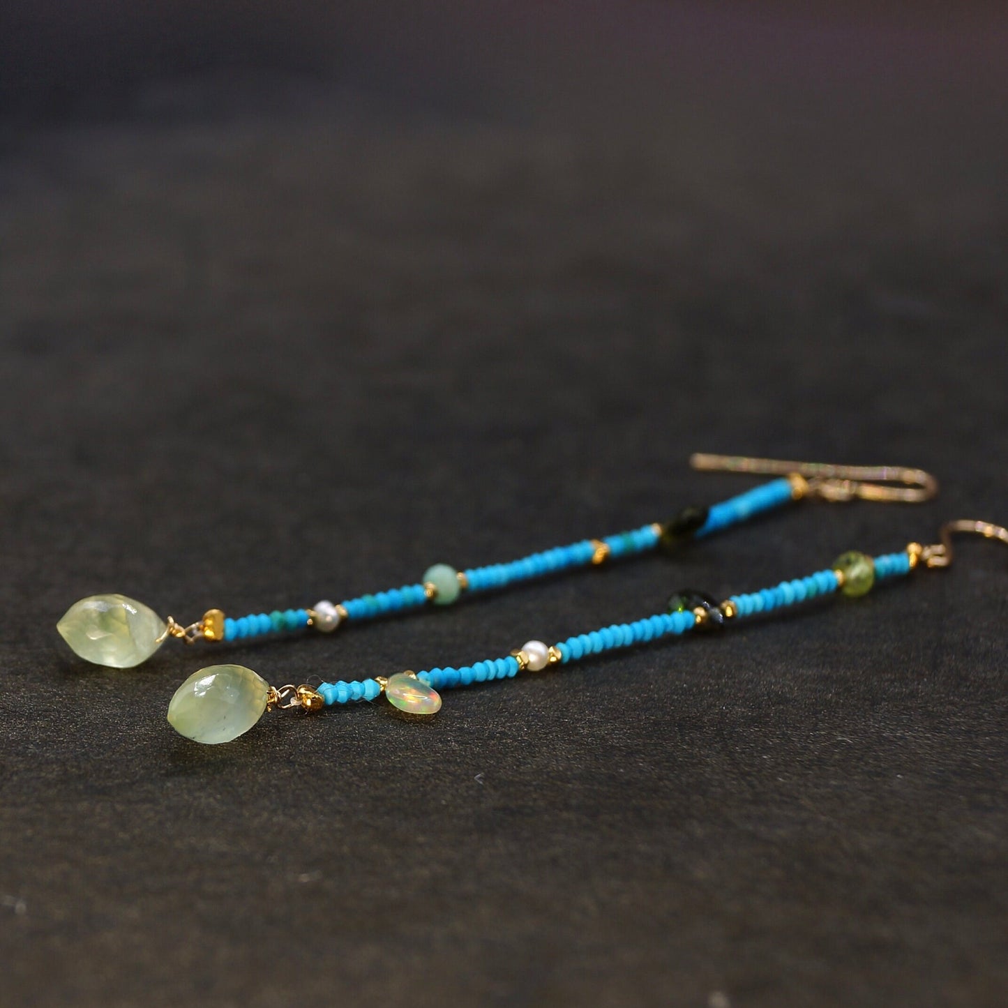 14k Solid Gold and Vermeil: Long Skinny Turquoise Beaded Earrings, Tiny Bead Dangle Earrings, Drop Earring, Boho, Bohemia, Fine Jewelry