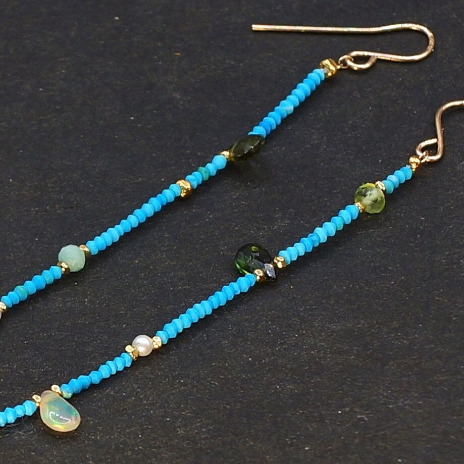 14k Solid Gold and Vermeil: Long Skinny Turquoise Beaded Earrings, Tiny Bead Dangle Earrings, Drop Earring, Boho, Bohemia, Fine Jewelry