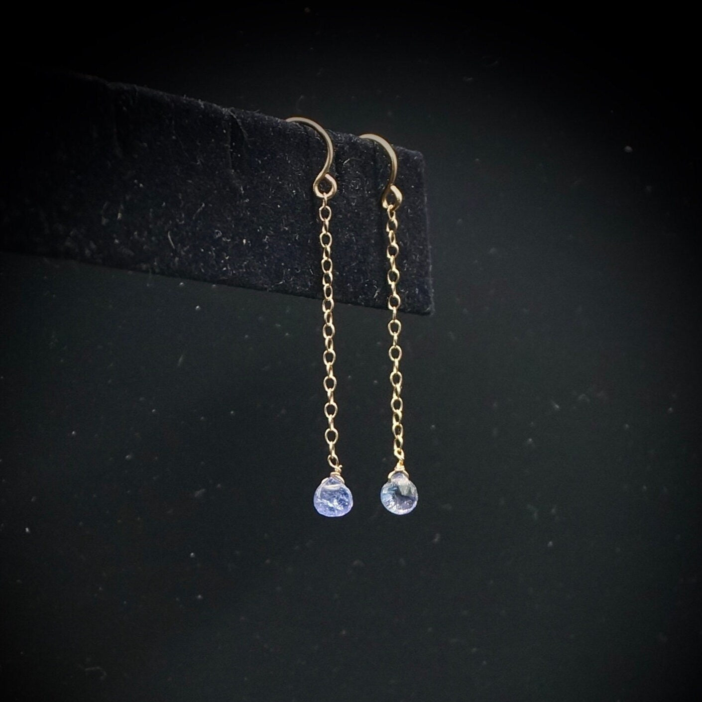 14K Solid Gold: 3mm Tiny Tanzanite Earrings, Royal Blue Crystal, Small Stone Long Earrings, Minimalist Dangle Earrings, Drop Earrings