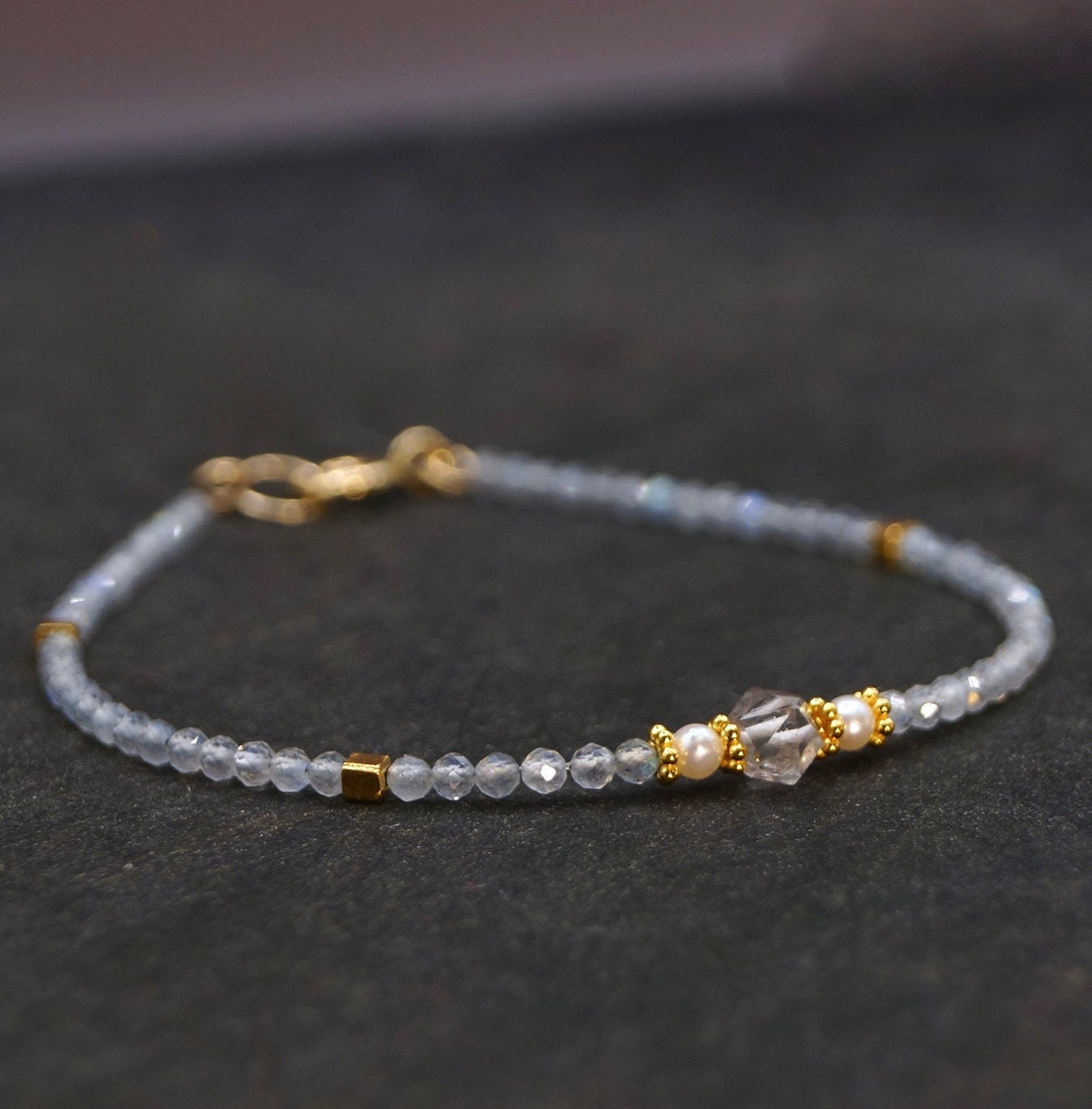 14K Solid Gold and Vermeil Herkimer Diamond Beaded Bracelet, Labradorite, Skinny Delicate Bracelet