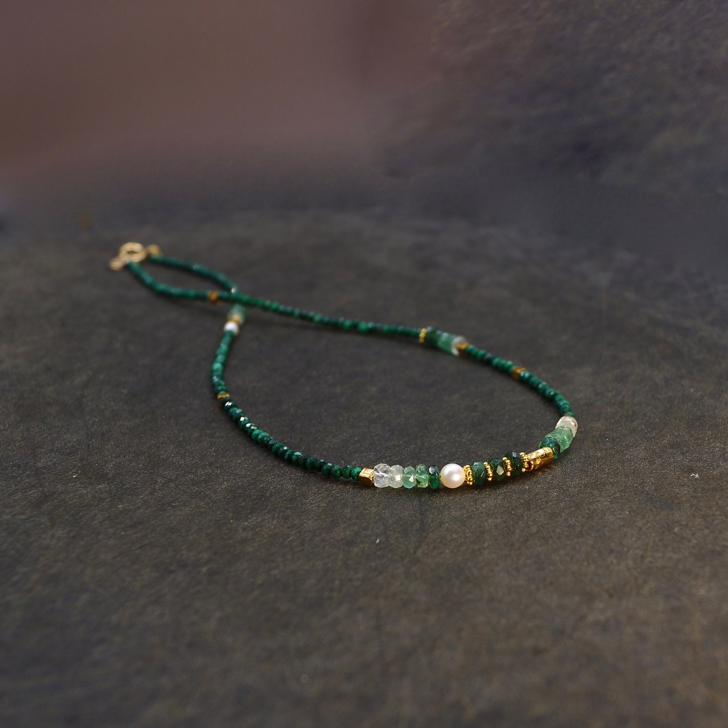 14K Solid Gold and Vermeil: Malachite Beaded Necklace, Ombre Emerald, Shaded Green Gemstone, Boho, Bohemian, Skinny Necklace, Fine Jewelry