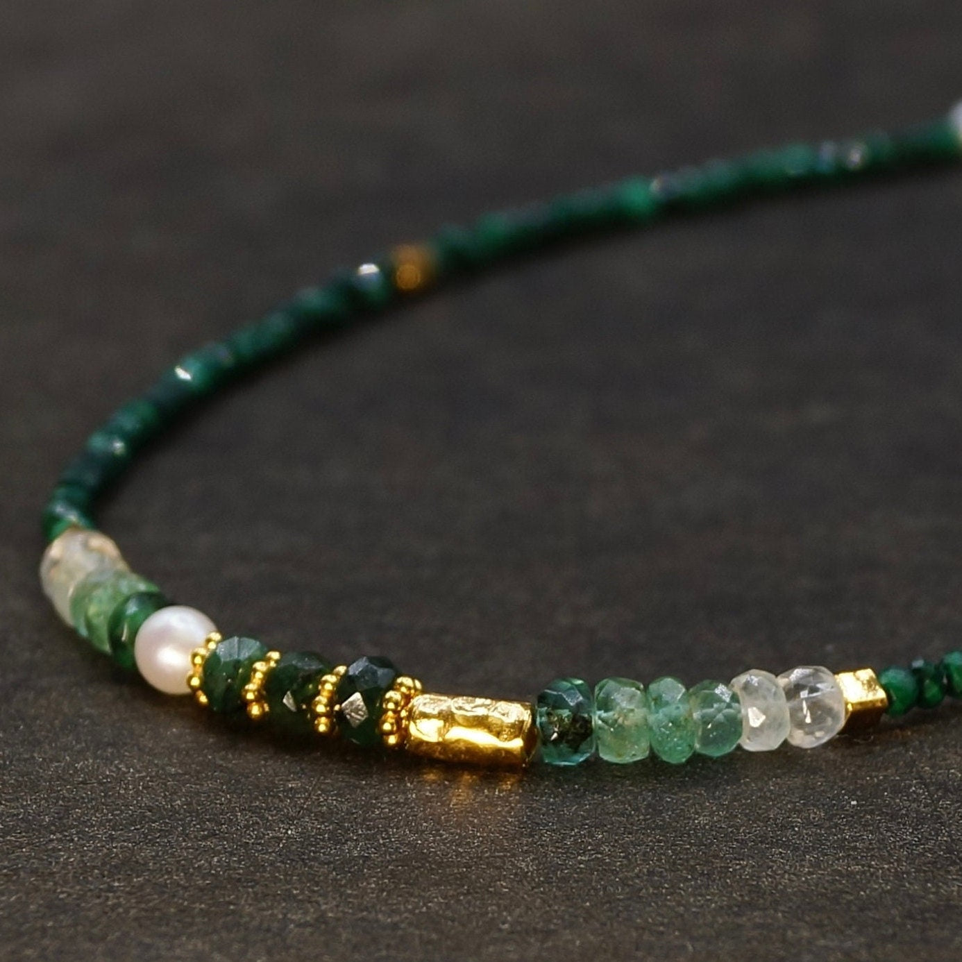 14K Solid Gold and Vermeil: Malachite Beaded Necklace, Ombre Emerald, Shaded Green Gemstone, Boho, Bohemian, Skinny Necklace, Fine Jewelry