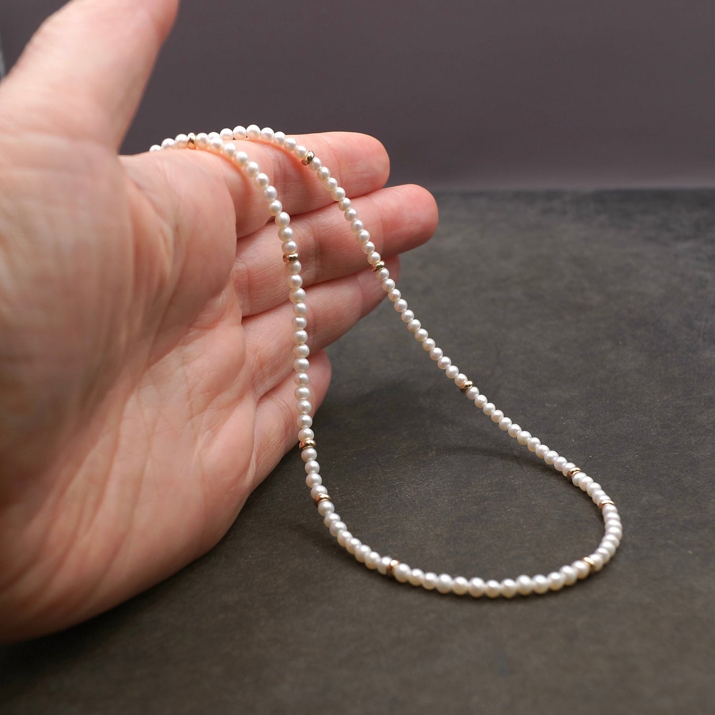 14K Solid Gold: [A] Natural Pearl Bead Necklace, Freshwater Pearls Thin Choker, High Luster, 2.5mm, 3mm, Fine Jewelry, Layering Necklace,