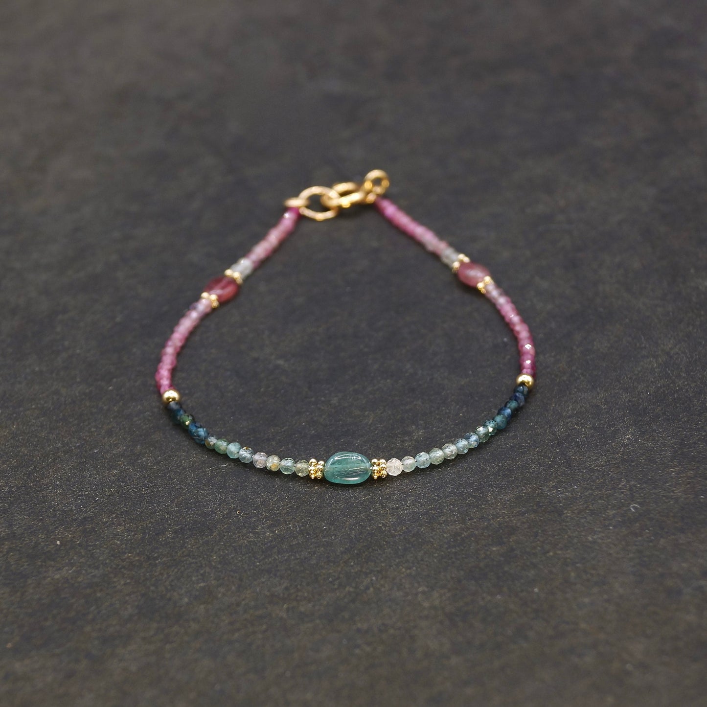 14K Solid Gold: Teal Blue Tourmaline Bead Bracelet, Shaded Pink Blue, Stacking Gemstone Bracelet, Fine Jewelry, Ombre, Chakra, Fine Jewelry