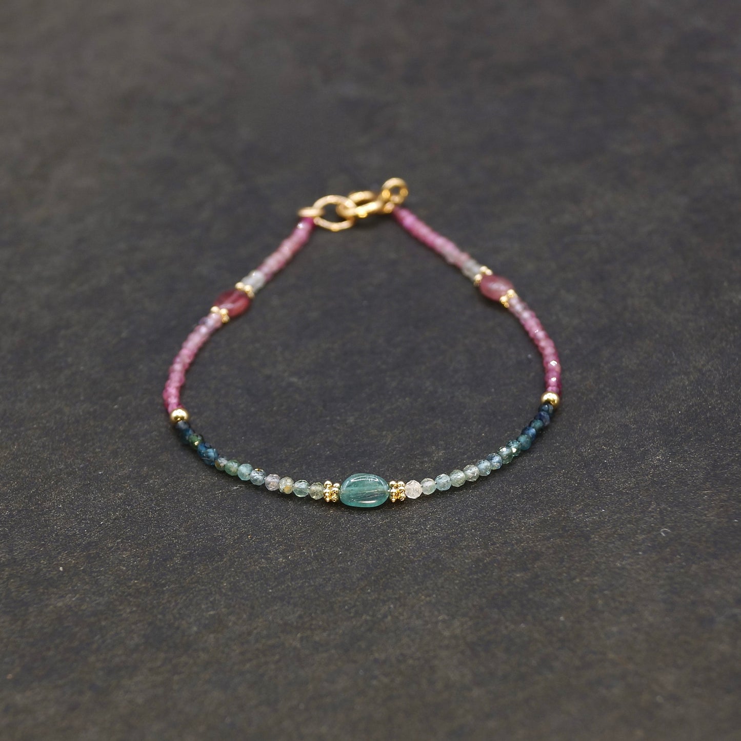 14K Solid Gold: Teal Tourmaline Bead Bracelet, Shaded Pink Blue, Stacking Gemstone Bracelet, Fine Jewelry, Ombre, Chakra, Fine Jewelry