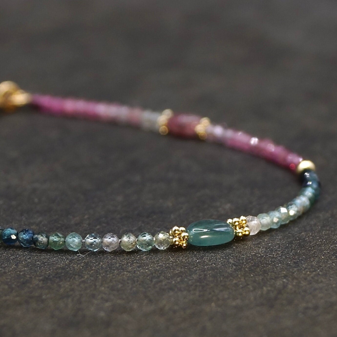 14K Solid Gold: Teal Blue Tourmaline Bead Bracelet, Shaded Pink Blue, Stacking Gemstone Bracelet, Fine Jewelry, Ombre, Chakra, Fine Jewelry